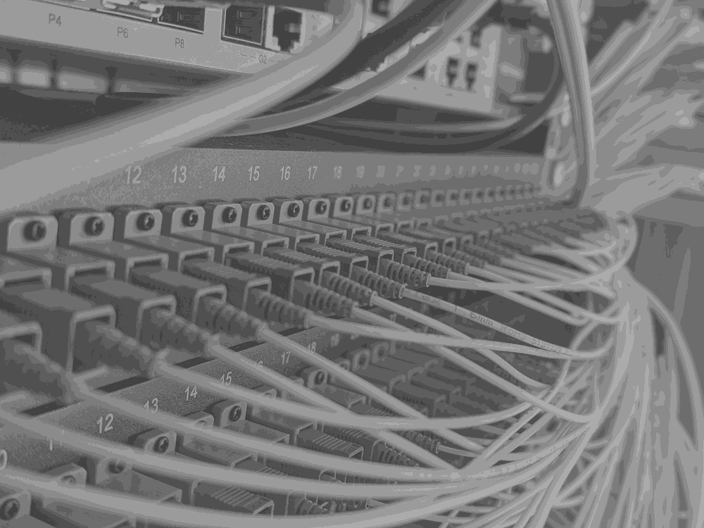 A fibre patch panel, ports numbered in two rows, most of them idle.