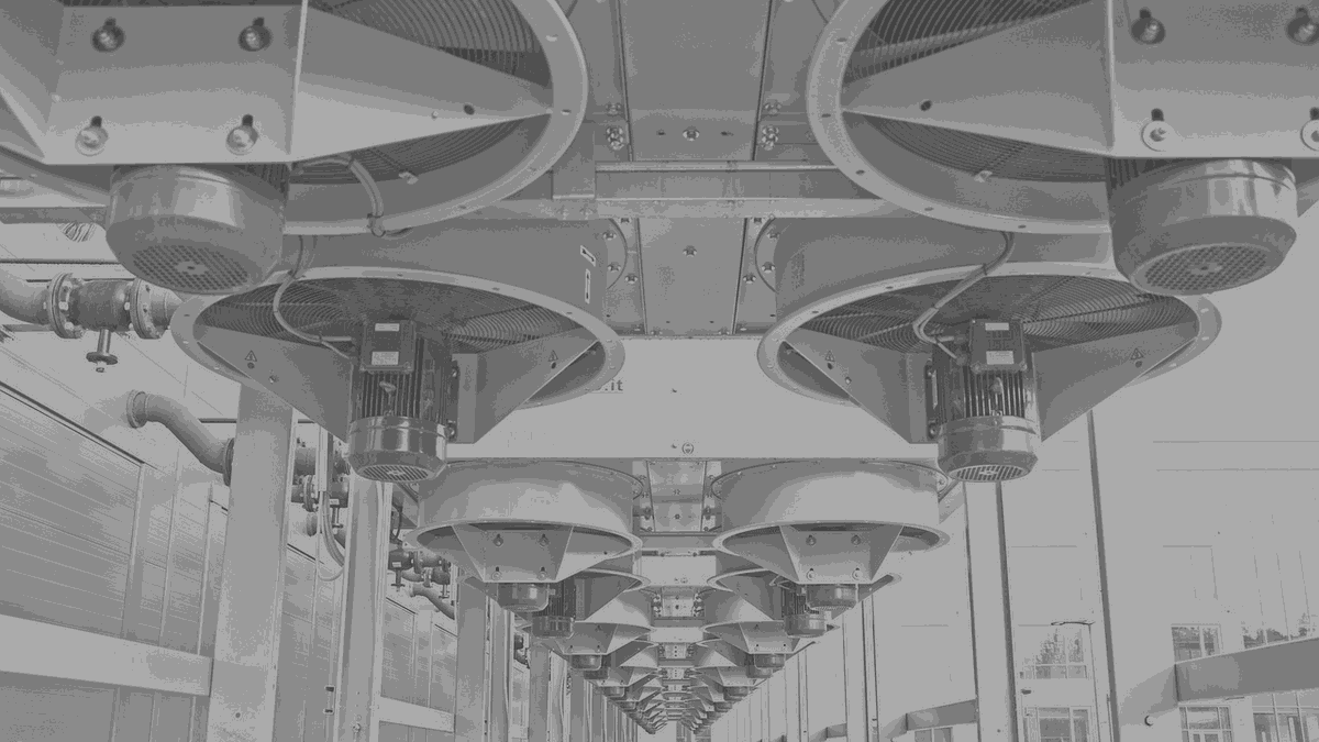 Plant room ceiling, ranks of fans and their motors receding under a low roof.